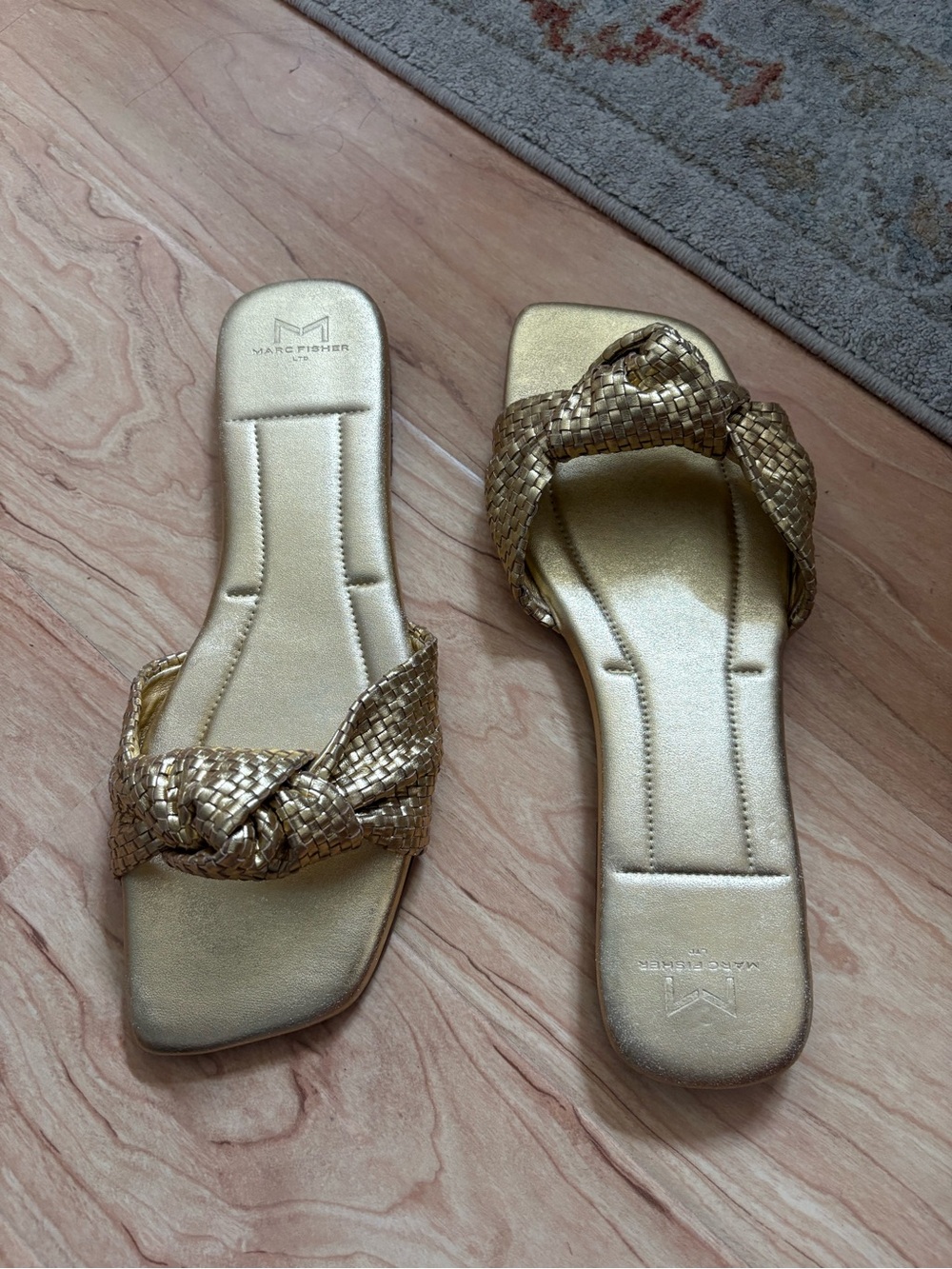 Marc Fisher Metallic Gold Braided Knot Slide Sandals